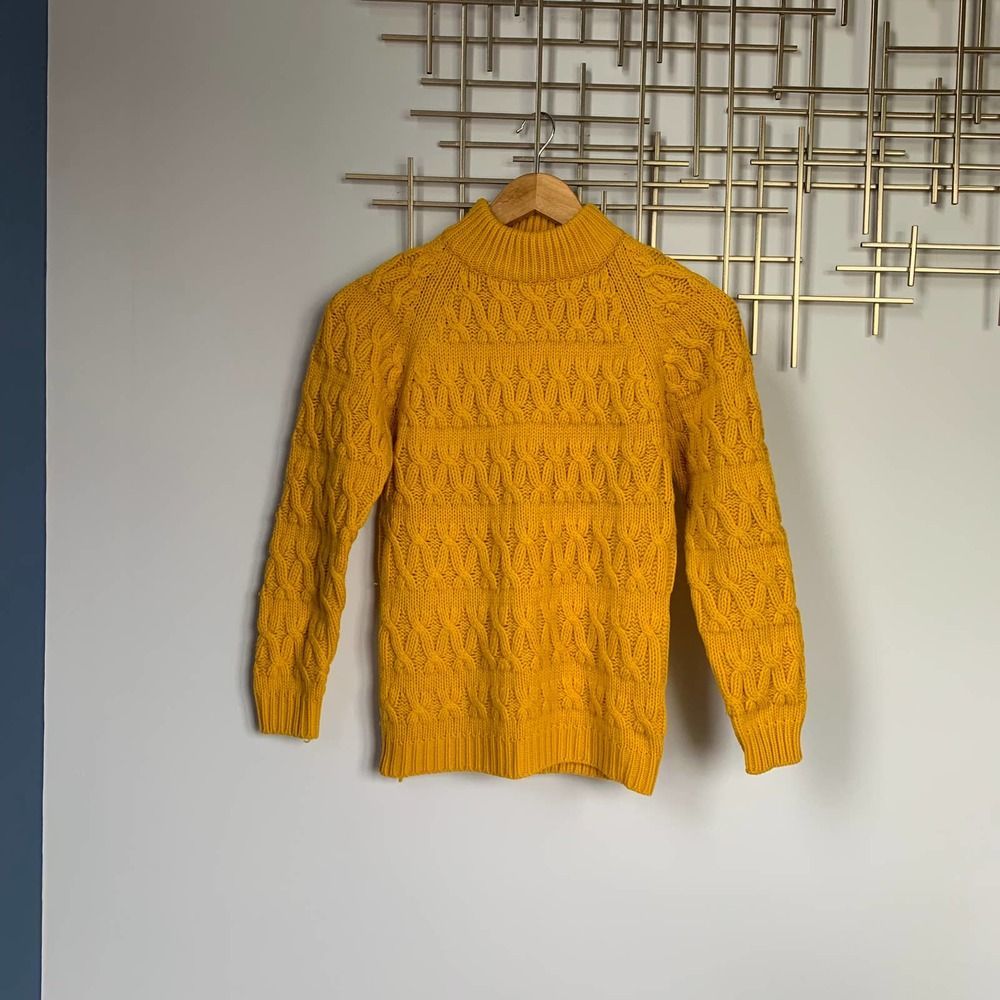 Vintage Gold Yellow Side Zip Cable Acrylic Hand Loomed Sweater Turtleneck Small